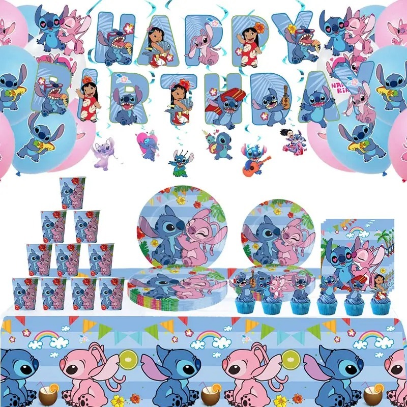 Decorações Da Festa De Aniversário Disney Stitch Lilo Tema Conjunto De Louça De Mesa Descartável Copos Placas Balões