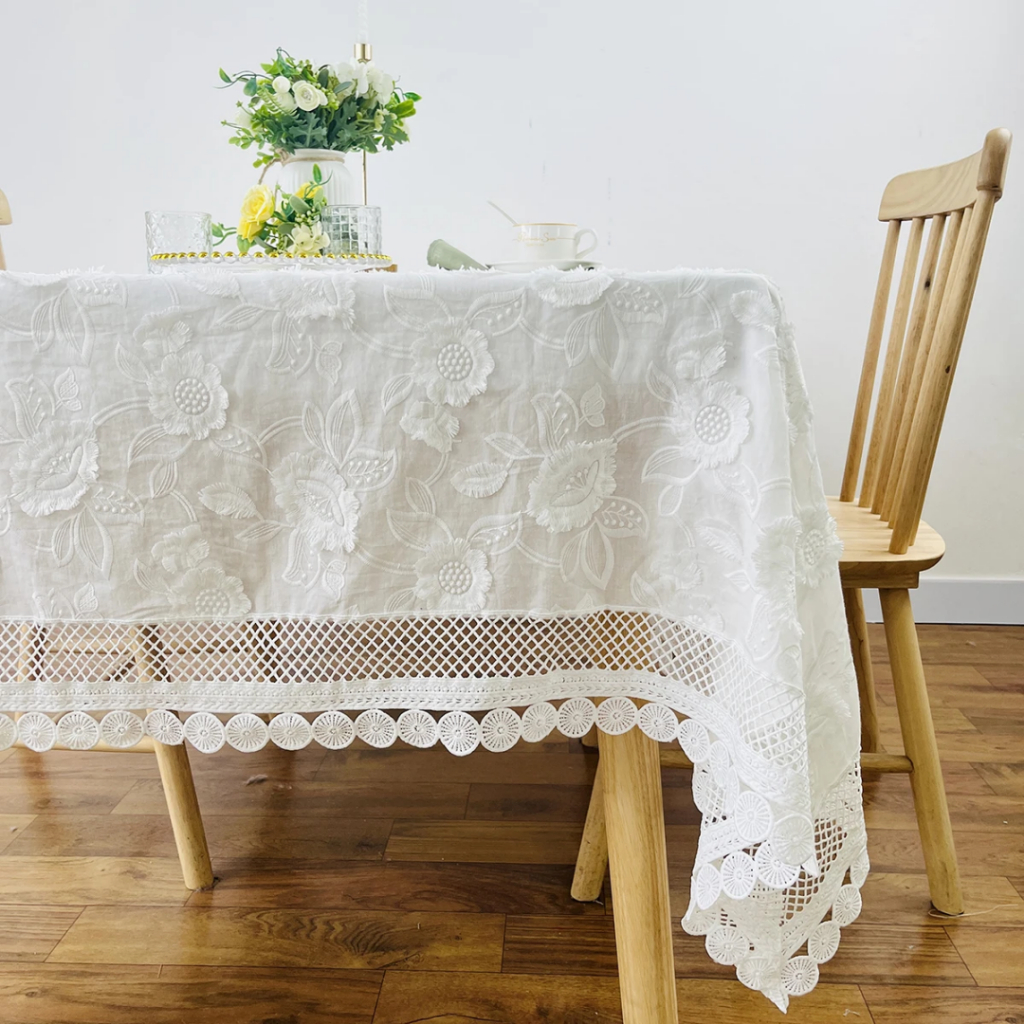Lace table cloth 100% cotton dust-proof luxury table cushion white embroidered table decoration em Oferta na Shopee