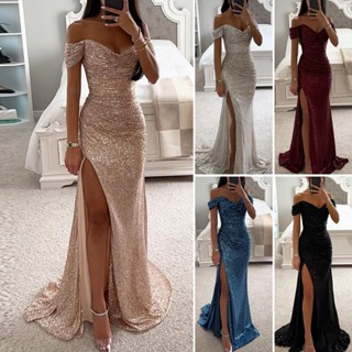 Vestido Feminino Cintilante Sem Ombro Com Pescoço Em V Oferta De Maxi Para Festa Noturna Longo Dividido Sexy