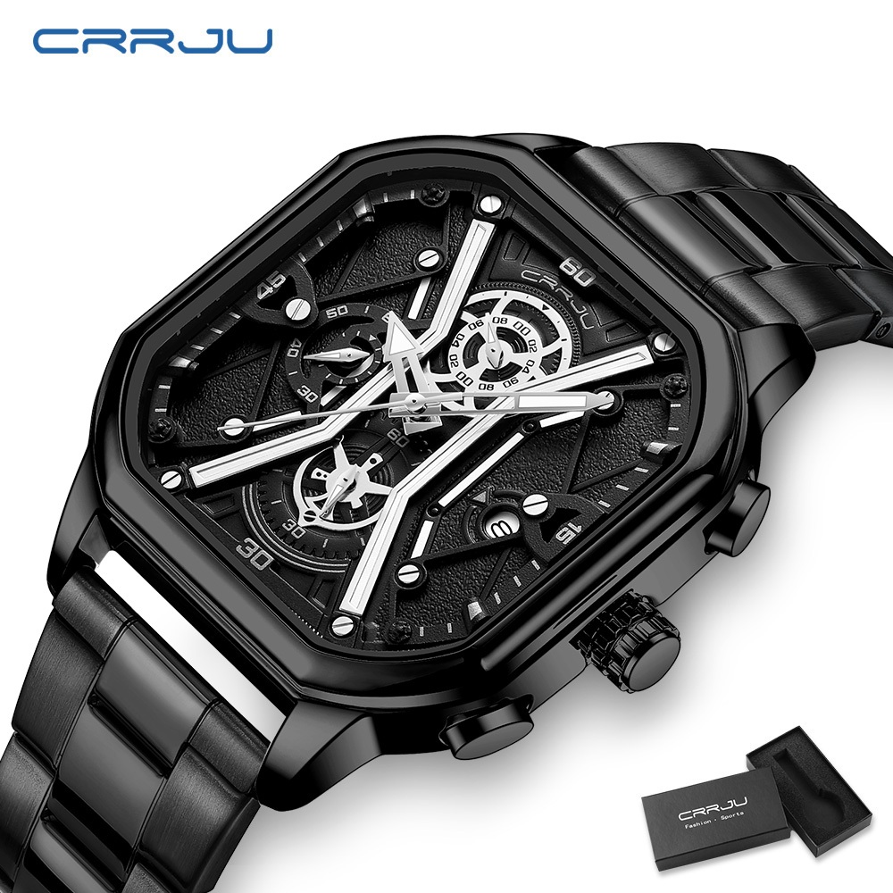 Relógio Masculino CRRJU Top Marca De Luxo Design Criativo Mostrador Quadrado Ponteiros Luminosos Multi-Função Cronometra