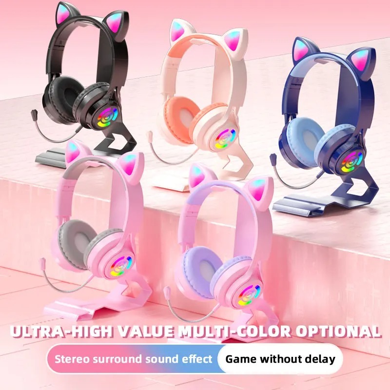Fones De Ouvido Hifi Sem Fio Orelha De Gato Brilhante Bluetooth Gaming Headset RGB Kids Headphone Com Microfone Removíve — imagem 2 de 2