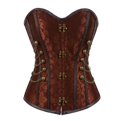 Corpete Steampunk Corset Topo Feminino Overbust Bodysuit Cintura Cincher Lingerie Shapewear Preto Castanho