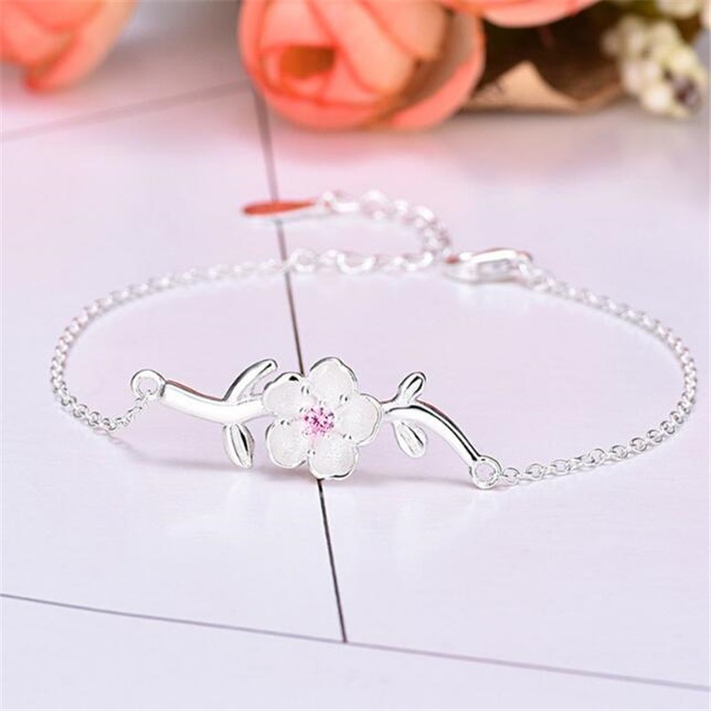 925 Sterling Silver Bracelet Moda Pulseira de Prata Pequena Flor de Cerejeira Fresca com Diamante Flor de Cerejeira Fofa Pulseira Feminina Criativa Exclusiva Pulseira Zircon Pulseira de Prata Acessórios Gift CB037 em Oferta na Shopee