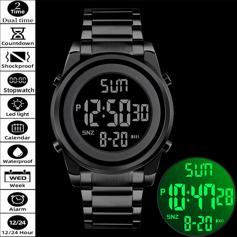 SKMEI Homens Relógios Desportivos Digitais Cinta De Aço Inoxidável Relógio Original Da Marca Dual Time Zona Display LED De Pulso Alarme 1611