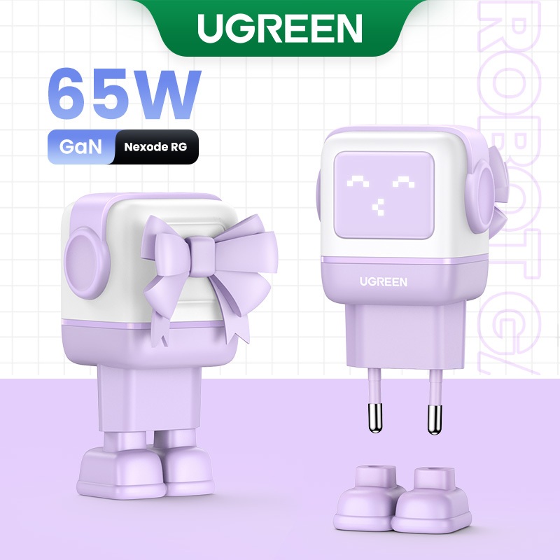 UGREEN RobotGaN 65W 2C1A Carregador Roxo Mini Robô Nexode 3 Portas GaN Rápido Para iPhone 14/14 Pro Max/Macbook Air/iPad - Mobile & Gadgets
