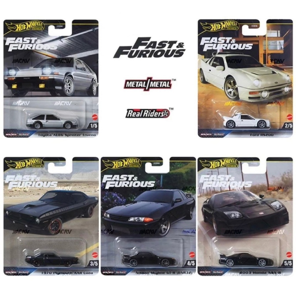 Hot Wheels Rodas Quentes 1/64 Fast & Furious Premium 2024 (FORD RS200 , TOYOTA AE86 SPRINTER TRUENO , HONDA NSX-R , 70 PLYMOUTH AAR CUDA , NISSAN SKYLINE GT BNR32) Carro Modelo Diecast Escala