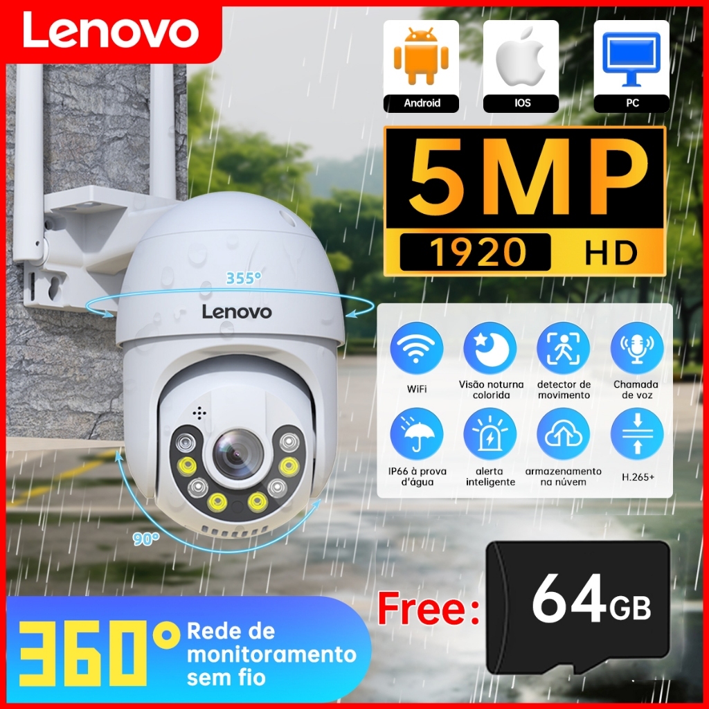 LENOVO 5MP Câmera de segurança wifi externa áudio ip66 prova d água CCTV wifi dome Sem Fio 360° residencial 3/5MP