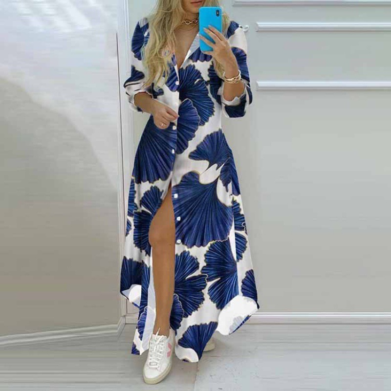 Vestido Impresso Feminino Longo Com Pescoço Em V E Manga Longa