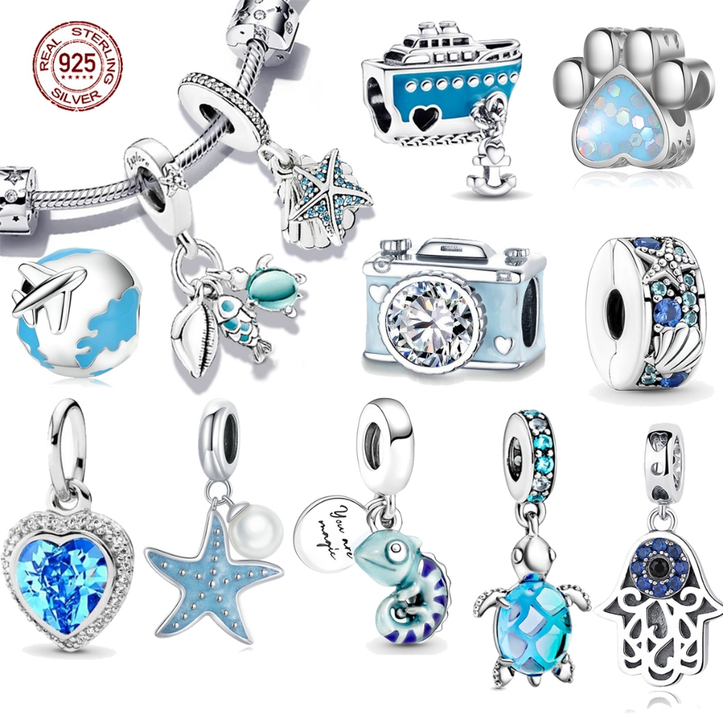 Berloque De Prata 925 Pingente Pulseira Clássicos De Encanto Série Ocean Azul Tartaruga Estrela Do Mar