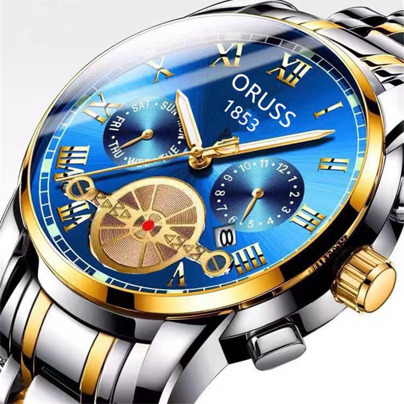 ORUSS Original Fashion Relógio de pulso quartzo de três olhos de luxo em aço inoxidável à prova d'água Relógio de pulso