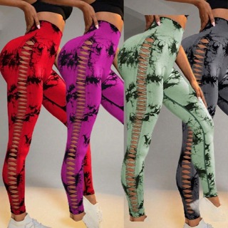 Tie dye cut-out yoga pants for women/Fitness pants/side cut-out seamless exercise tights em Oferta na Shopee