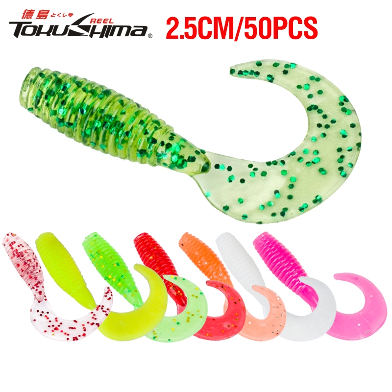 50pcs Grub Curly-Tail Fishing Lure Iscas Macias De Minhocas 8 Cores Flutuantes De Fundição De Silicone Artificial Topwater Wobblers Isca Para Bass Truut Walleye