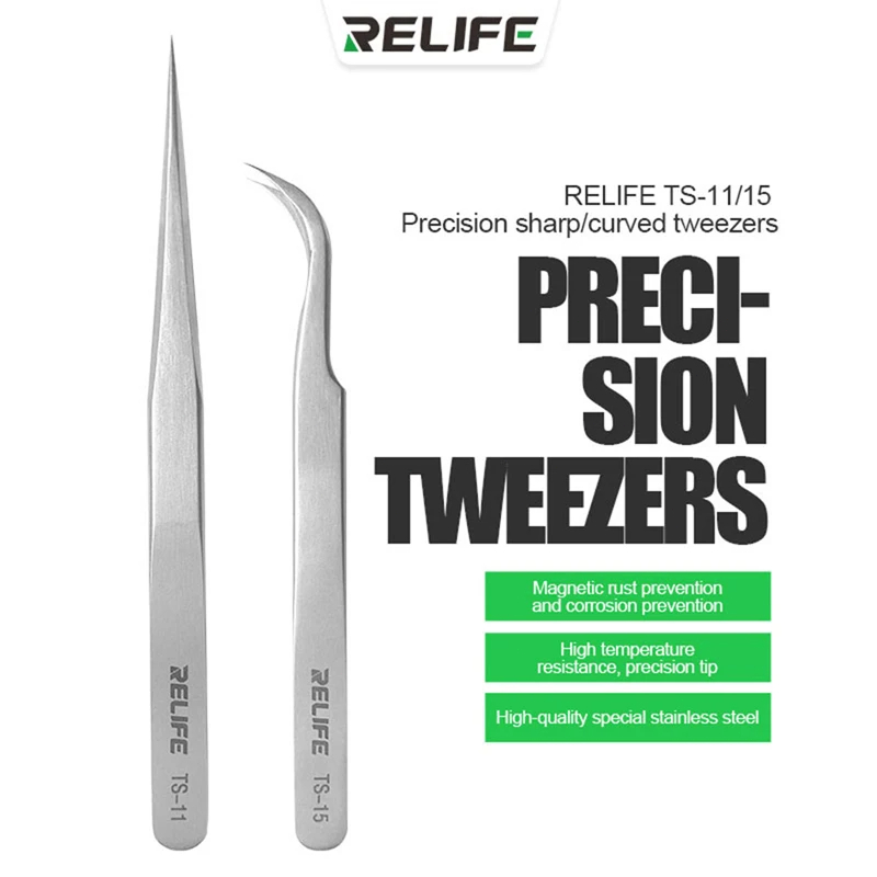 RELIFE TS-11-15 Pinça Curva De Precisão Reta De Aço Inoxidável Anti-Estática Para Kit De Ferramentas De Reparo De Telefones IC Da CPU Eletrônica