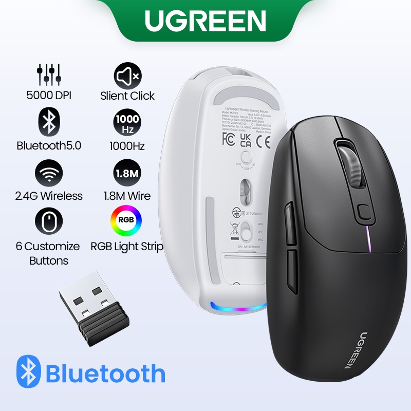Rato Sem Fio UGREEN Gaming Mouse 5000DPI Bluetooth 5.0 2.4G Recarregável Gamer 6 Botões Para MacBook Tablet Laptops - Computers & Accessories