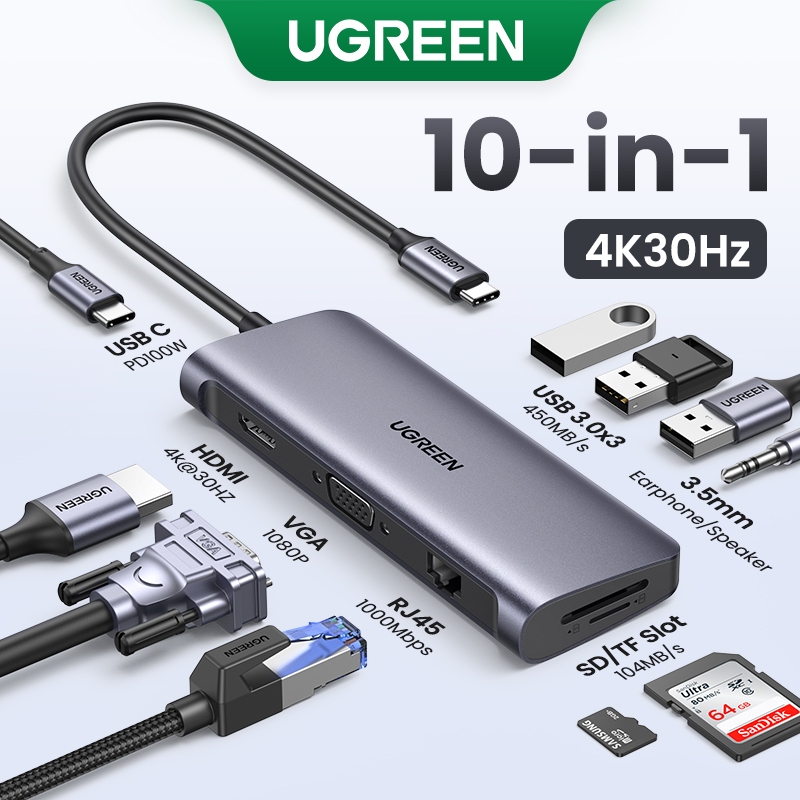 UGREEN USB C 10 in 1 Type C Hub with Ethernet 4K HDMI VGA Power Delivery 3 USB 3.0 Ports  3.5mm SD/TF Cards Reader