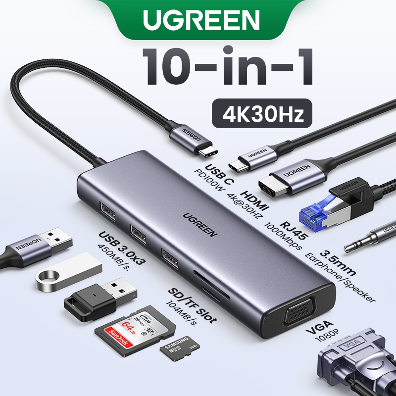 Ugreen Hub 10 Em 1 USB C HDMI Adaptador VGA 4k 30Hz Para 3.0 Dock De Carregamento Rápido De 100W Suporte Macbook - Computers & Accessories