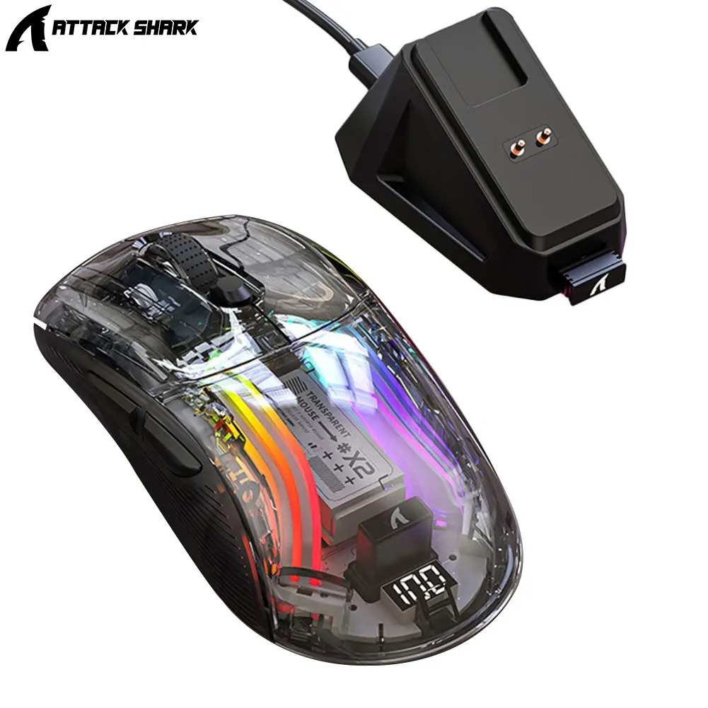 Attack Shark X2 Pro Mouse Gamer Sem Fio Recarregável Bluetooth 2.4G Desktop RGB Transparente Com Suporte De Carregamento Magnético Para PC