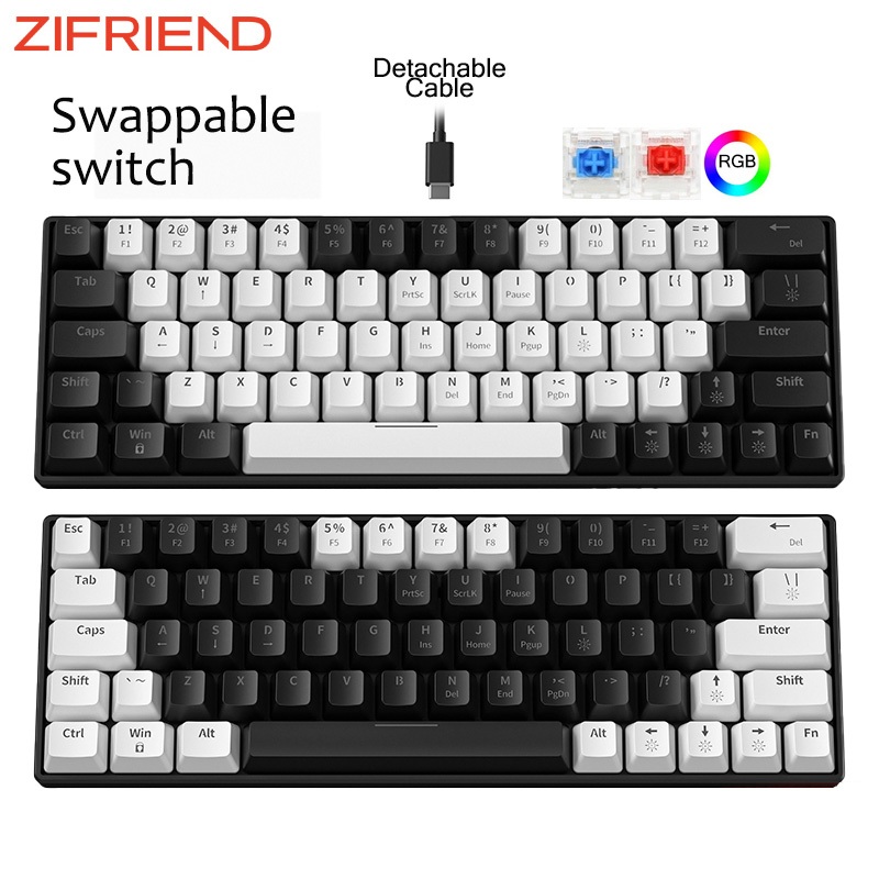 KA6406 Teclado Mecânico Preto RGB 63 Teclas 60% Vermelho Azul Retroiluminado Com Fio Escritório
