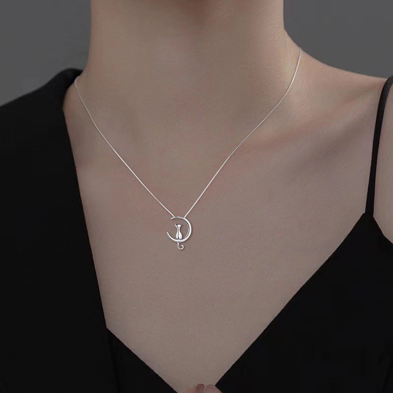 Lindo Moda 925 Sterling Silver Moon Cat Pendant Colar Fêmea XN153 em Oferta na Shopee