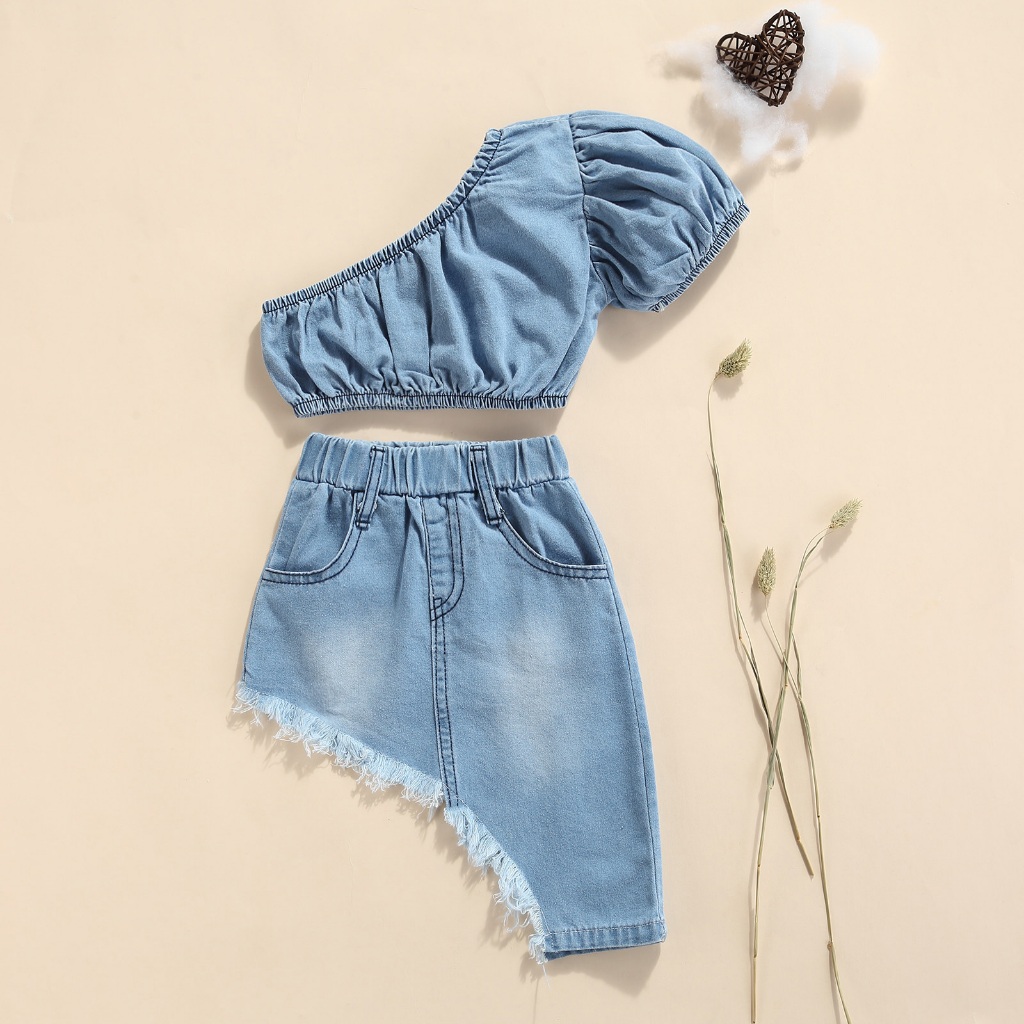 1-5 Anos Kid Baby Girls Denim Clothes Set , Manga Curta Cor Sólida Fora Do Ombro Tops Cortados + Saia De Bainha Irregular