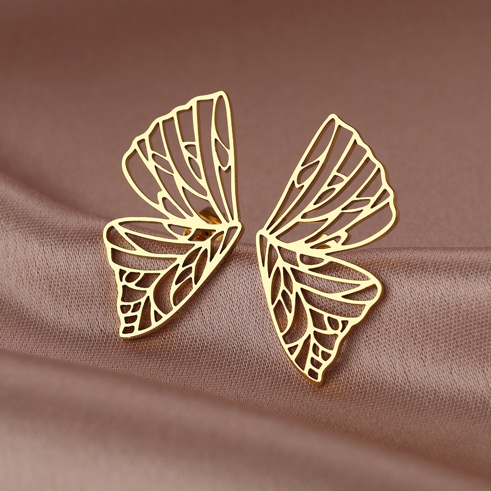 Brincos De Aço Inoxidável Exquisite Vintage Butterfly Wings Symmetrical Charms Fashion Stud Earrings For Women Jewelry Girl Party