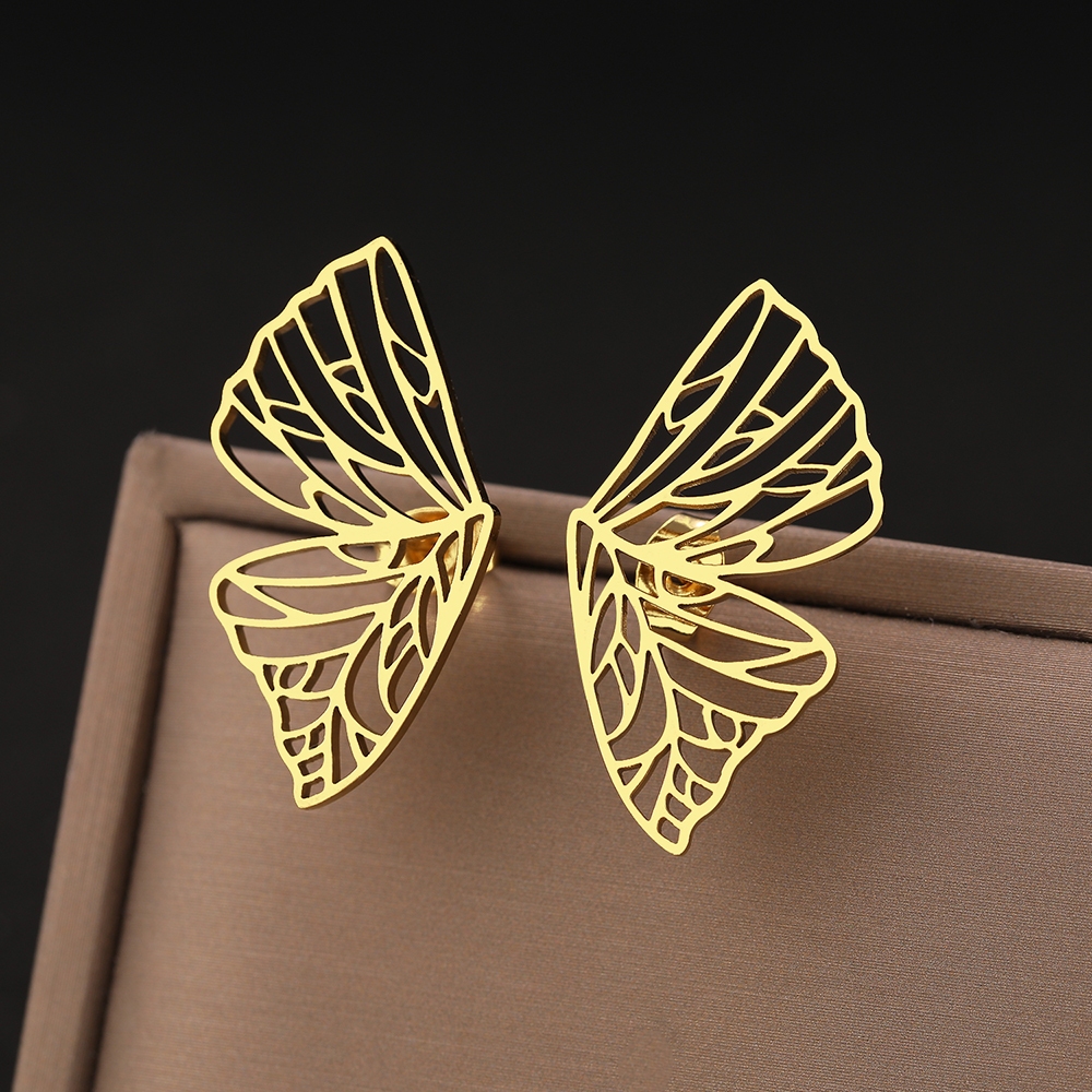 Brincos De Aço Inoxidável Exquisite Vintage Butterfly Wings Symmetrical Charms Fashion Stud Earrings For Women Jewelry Girl Party em Oferta na Shopee