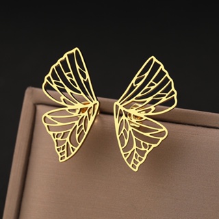 Brincos De Aço Inoxidável Exquisite Vintage Butterfly Wings Symmetrical Charms Fashion Stud Earrings For Women Jewelry Girl Party em Oferta na Shopee