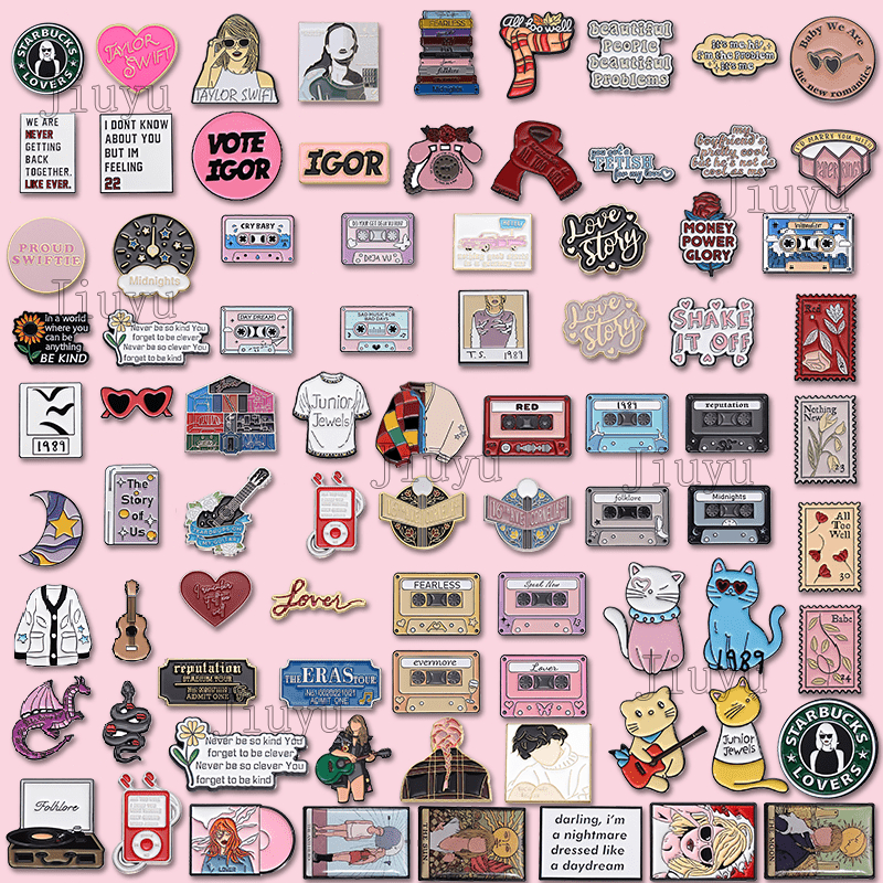 100 Estilo Taylor Swift Música Alfinete Fita Álbum Esmalte Broche Global De Concerto Crachás Broches " 1989 " Amarelo Reputação " Alfinetes " Acessórios De Joias