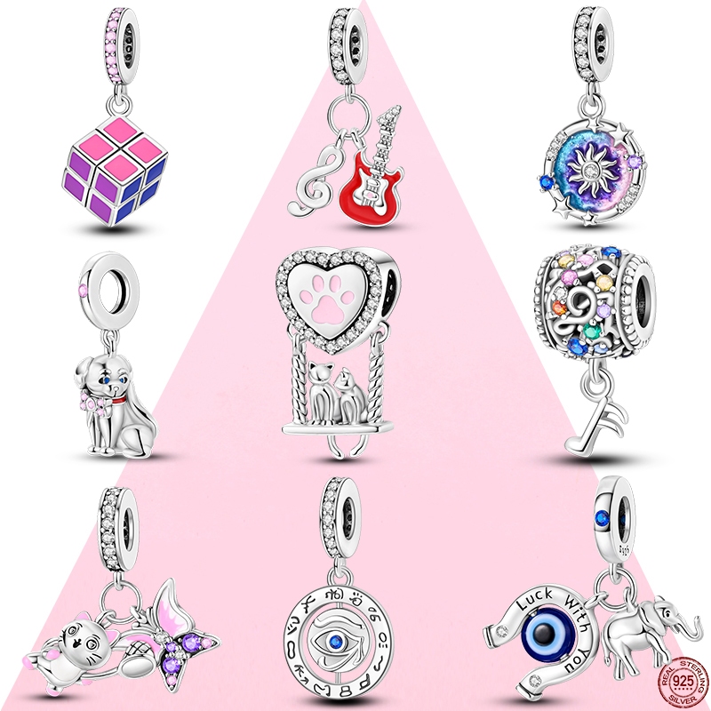 Cubo Rotativo Colorido Rubik's Cube Charm 925 Sterling Silver Cute Cat's Paw Swing Heart Shaped Beaded Beads Fit Pulseira Original Feminina Colar Jóias Confecção De Presentes