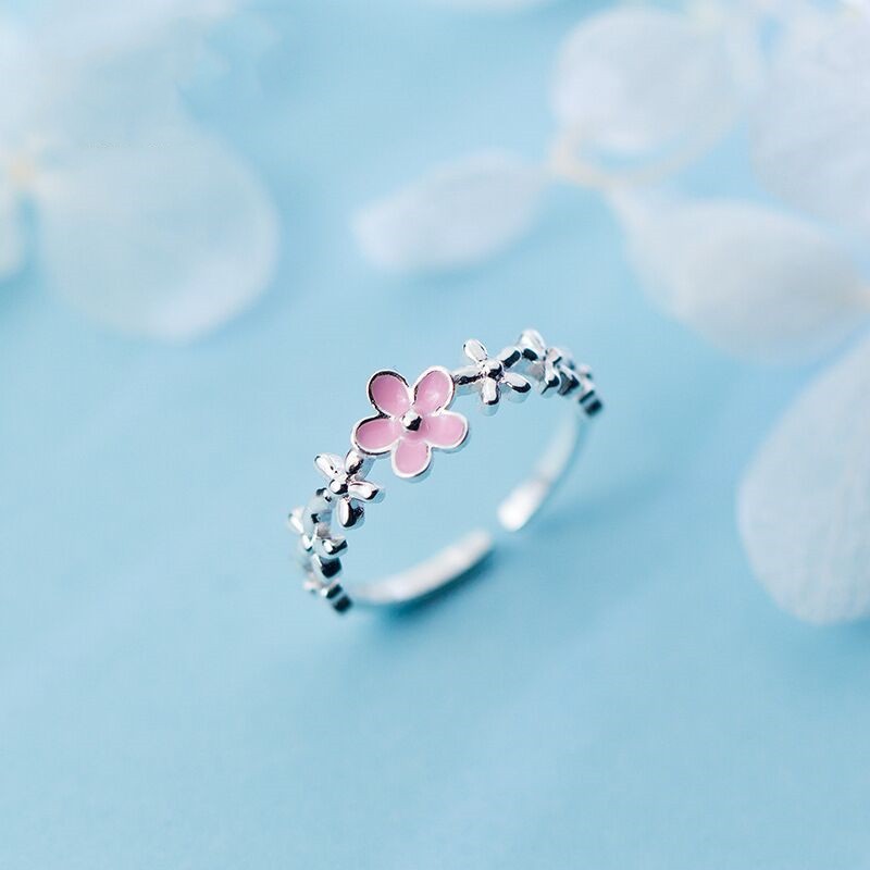Novo Estilo Único Anel Prata 925 Sterling Anel Prata Pequeno Rosa Cinco-Petal Flor Doce e Fofo Abertura do Anel Ajustável Anel Prata Acessórios de Moda Mulher Gift LR017