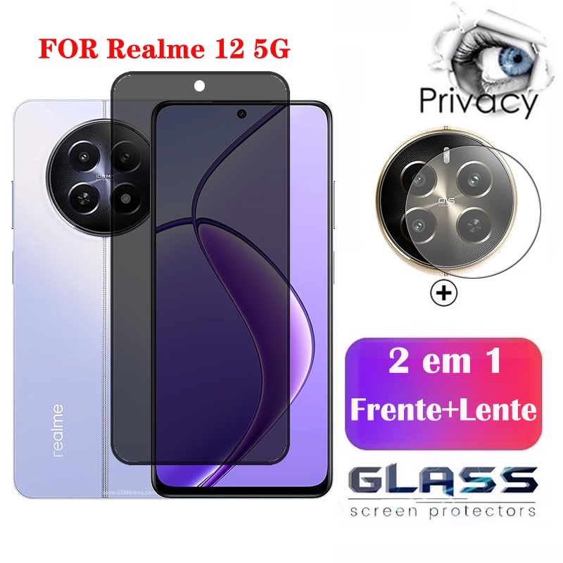 2 Em 1 Película De Vidro Realme 12 5G Temperado Anti-Espionagem Protetor De Tela De Cobertura Total Pelicula Privacidade Vidro Para Realme 12x 11 11x C55 C53 C51 Note 50 Plus 4G 5G Câmera De Lente + Flim