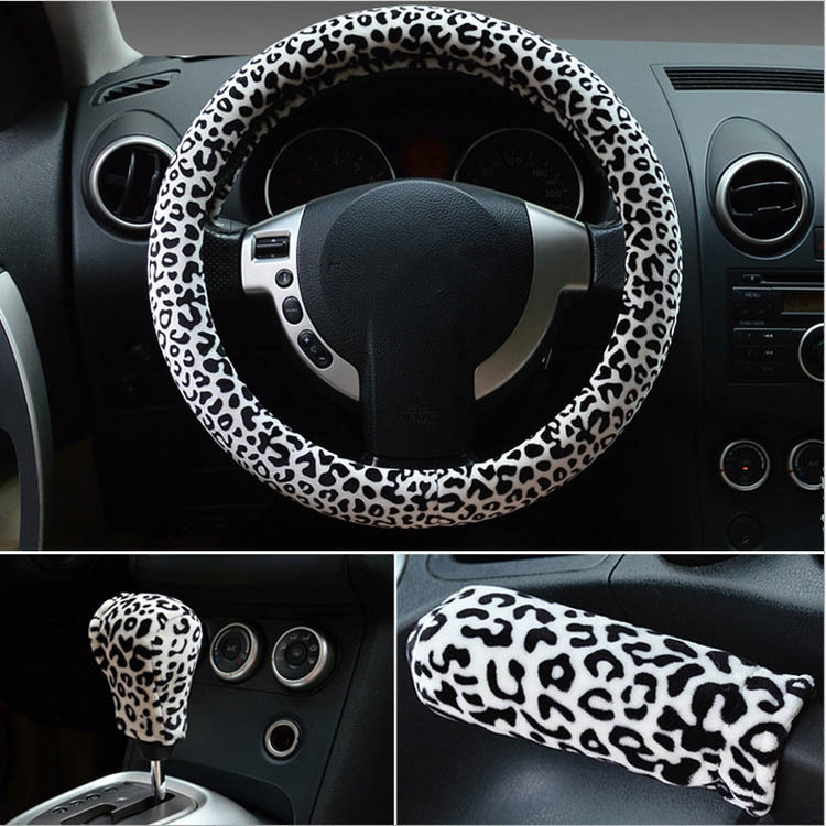 [Hungrnee] 3Pcs/Set Moda Leopardo Capa De Volante De Pelúcia Acessórios Para Carros De Inverno Decoração De Carro