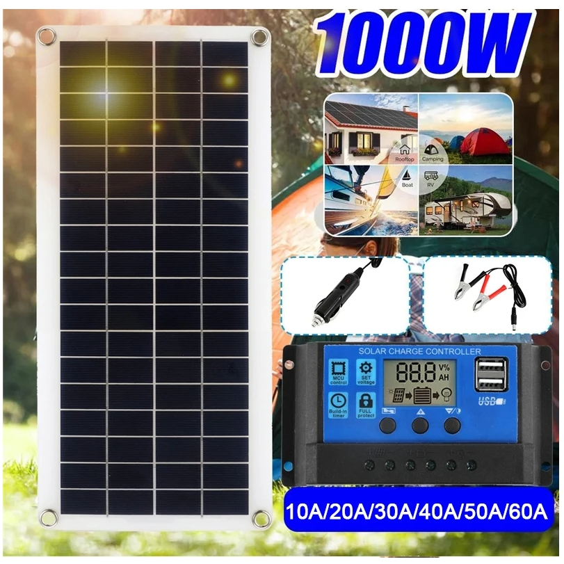 Painel Solar 1000W Célula 12V Com Controlador 60A Carga Para Carro Telefônico RV Carregador MP3 PAD De Bateria Exterior em Oferta na Shopee