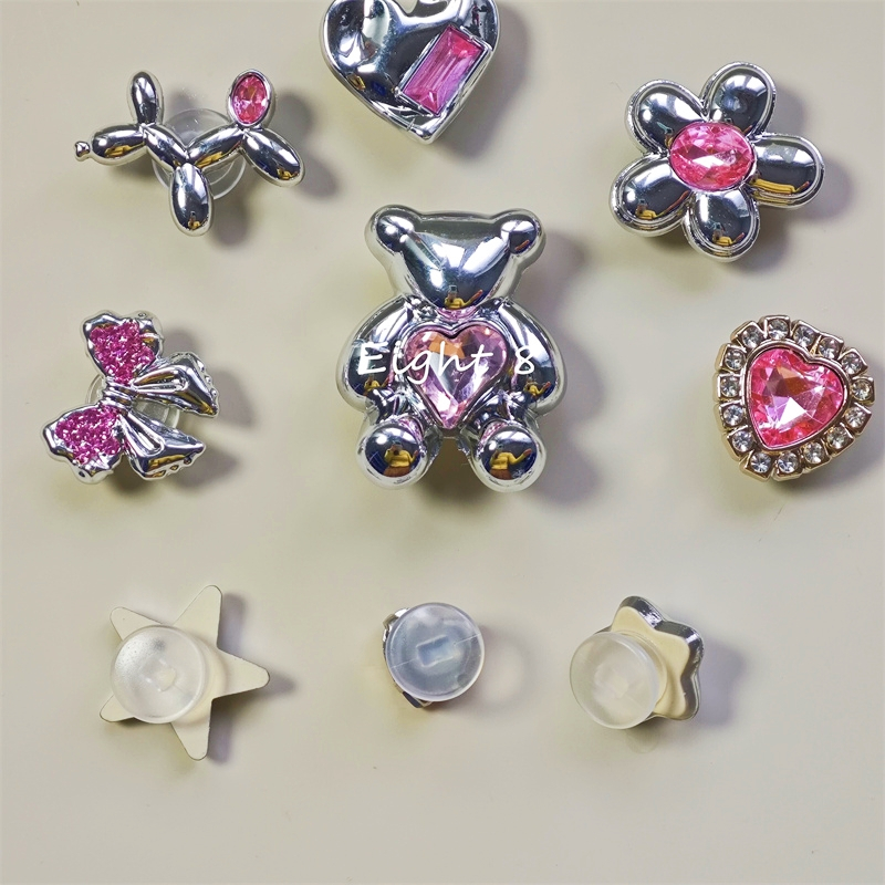 9 Pçs/set 2024 Estilo Punk Rosa Diamante Arco Acessórios De Sapato Balão dog Designs Fivela Flores Em Forma De Coração P