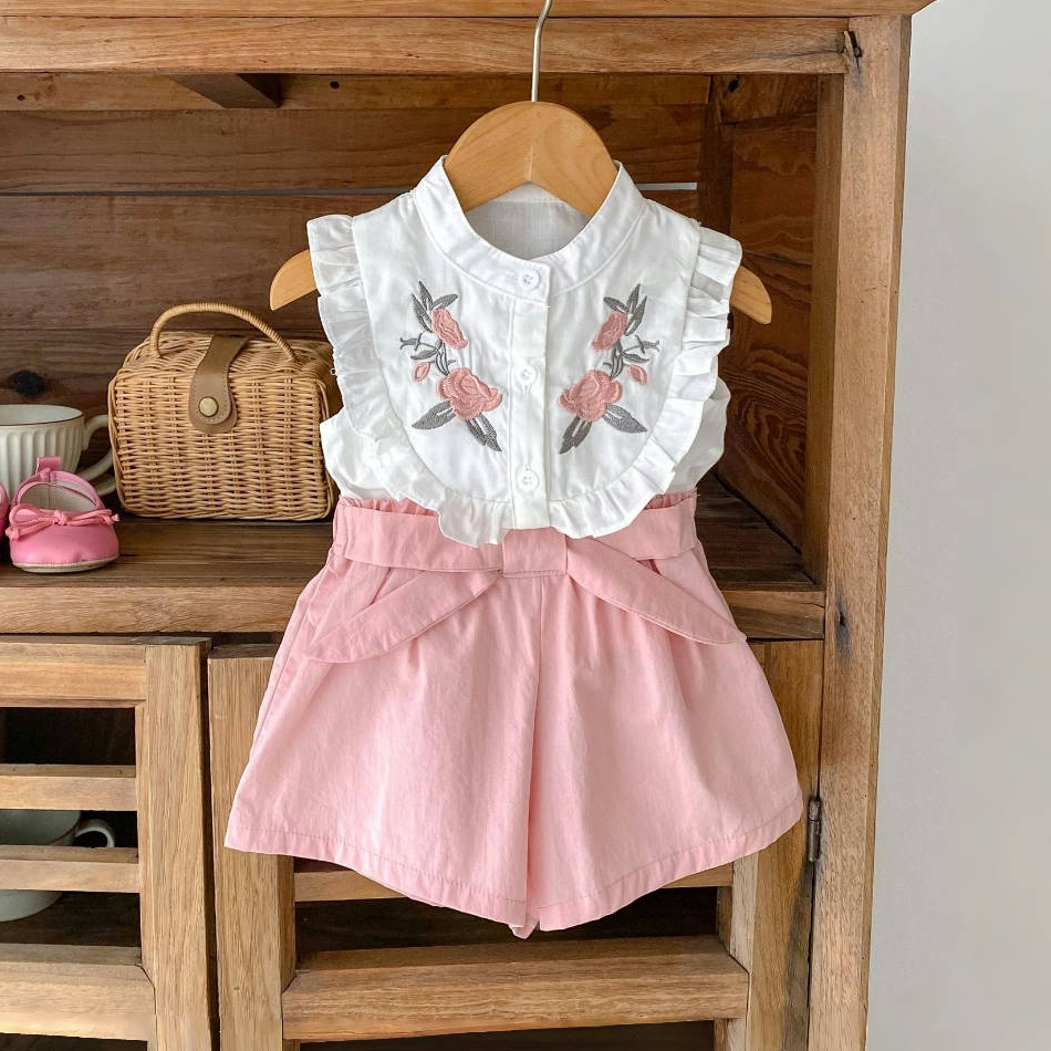 Conjunto De Roupas Para Bebês Toddler Girl Flores Camisa De Algodão Bordado Sem Mangas + Calção De Laço De Cor Sólida