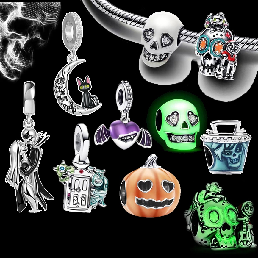 Encanta Momento Bijuteria De Prata 925 Berloque Separador Grânulo Luminoso Cabeça De Crânio Mouse Porta-Chaves De Saco Pequeno Para Meninas Mulheres Homens Jóias De Halloween