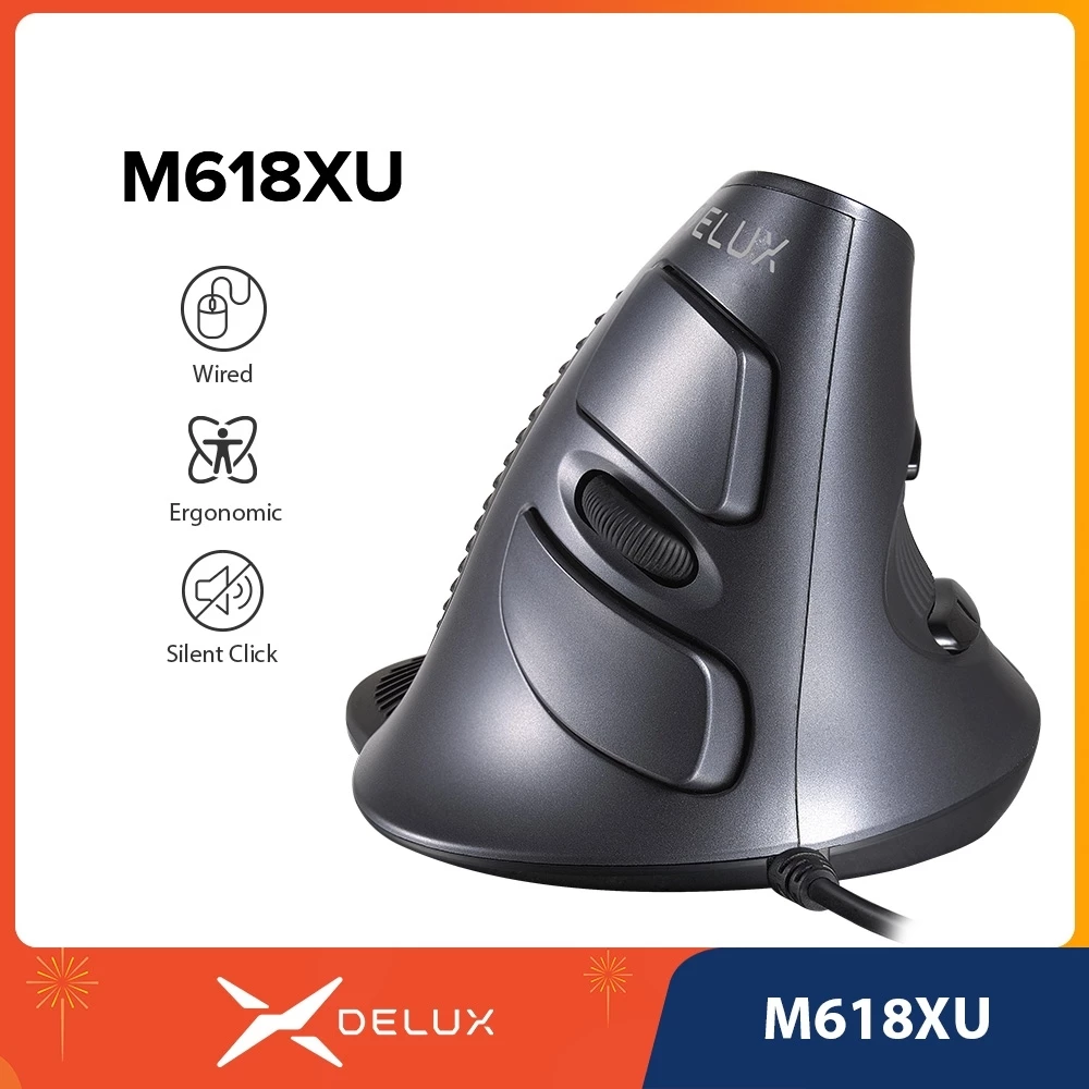Delux M618XU Mouse Óptico Ergonômico Com Fio 800/1200/2400/3200/4200 DPI 6 Botões Alça De Mão Direita Para PC/Laptop