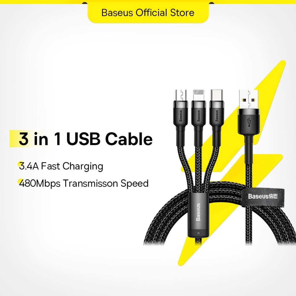 Baseus 3 Em 1 Cabo USB Multi-Carregamento Para M + L + C IPhone Android em Oferta na Shopee