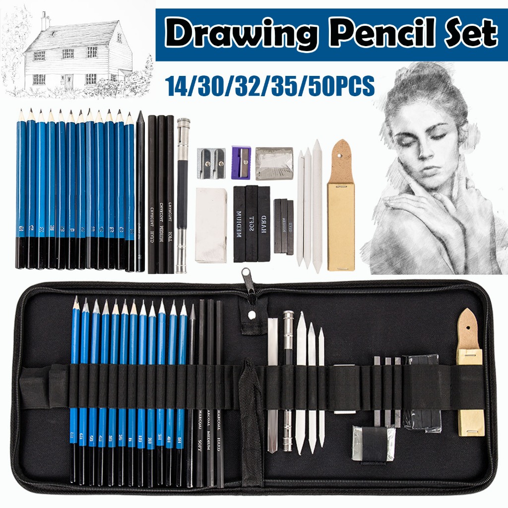 Imagem 14/30/35/50/51 Peças Kit Estojo Lápis Azul De Cor Conjunto De Desenho de desenho profissional Estojo De Lápis Pintura Desenho Esboço/Kit desenhista /Papelaria  Desenho Esboço