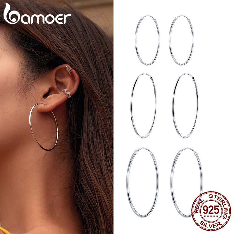 Brincos Bamoer Big Hoop Para Mulheres 925 Jóias De Prata Moda Feminina Finas SCE598 em Oferta na Shopee