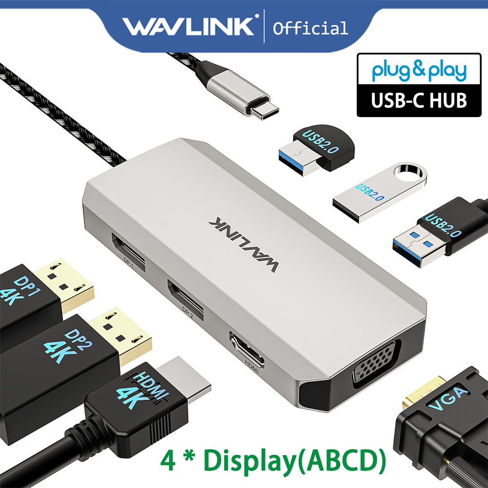 WAVLINK USB C 7 Em 1 Estação De Acoplamento Para Laptop Adaptador Multiporta Monitor Quádruplo Com DP HDMI VGA 4K 1080P