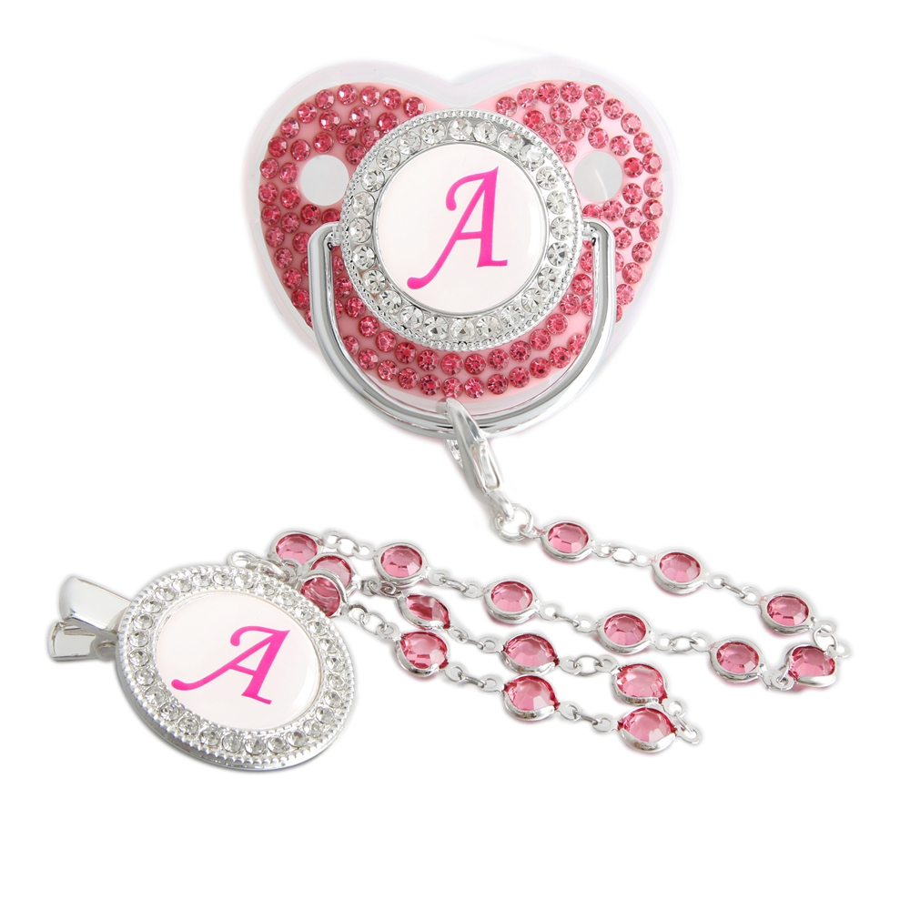 26 Cartas Iniciais Pink Bling Baby Pacifier Com Clip De Corrente De Diamante