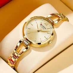 CURREN Relógio Feminino Novo Ouro Luxo Aço Inoxidável Discagem Simples Casual À Prova D'água Quartzo Analógico 9092 X