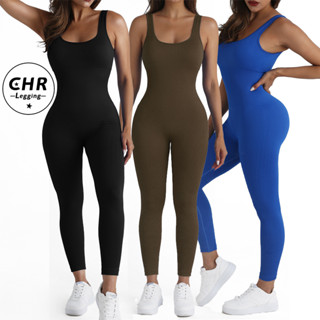 CHR Feminina Macacão Longo Canelado Sem Costuras Academia Roupa Apertado Elástico Yoga Levanta Bumbum Legging Fitness