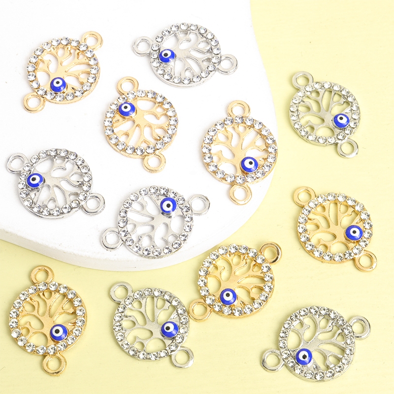 10pcs Esmalte Óleo De Gotejamento Azul Maléfico Eye & Tree Of Life Design Conectores Redondos Ocos Com