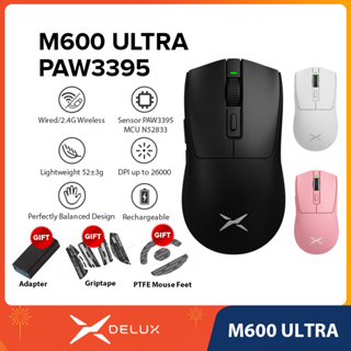 Delux M600 ULTRA PAW3395 Rato De Jogo DPI MAX 26000 Com Fio 2.4G Sem Recarregável 52g Design Superleve Centralizado Em Massa Para PC/Laptop/Windows em Oferta na Shopee