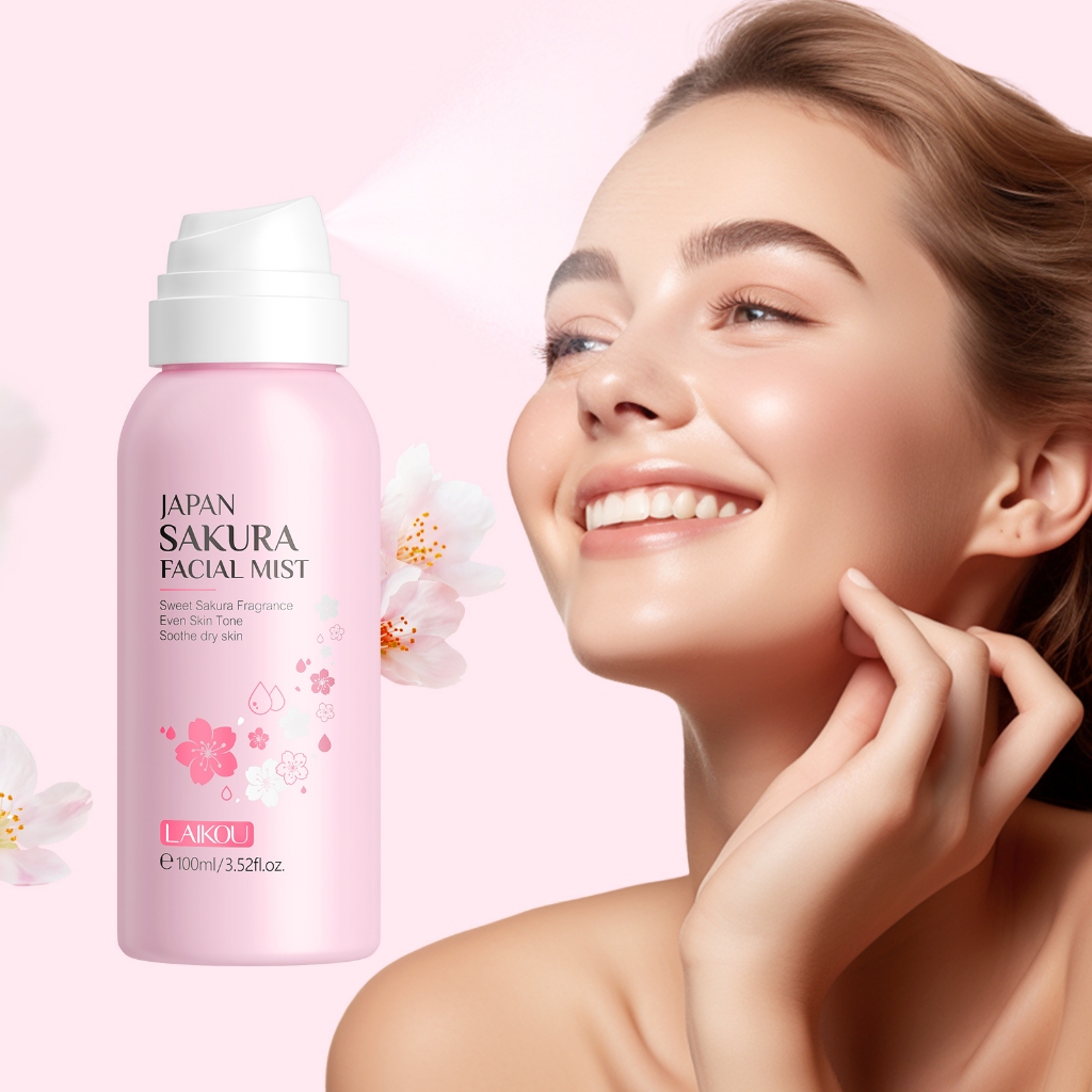 LAIKOU Névoa Facial Sakura Tônico Hidratante Em Pulverização De Pele Seca Suavizante Linhas Finas Brilhantes 100ml