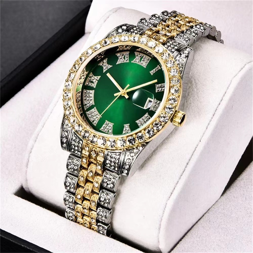 Calendário Original Fashion Luxury Diamond à prova d'água Relógio de Quartzo Masculino de Ouro Luminoso