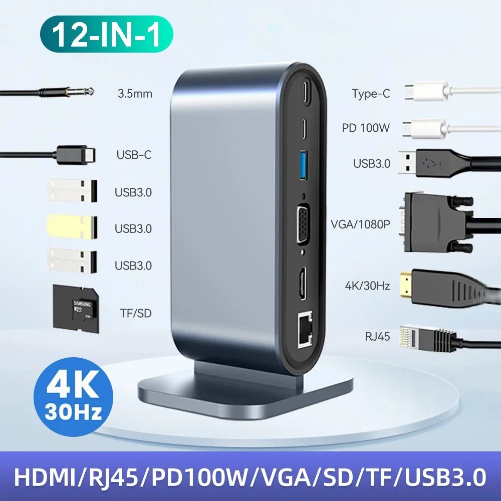 12 Em 1 Laptop Pd 100w Tf Leitor Usb 3.0 Tipo C Hub Ethernet