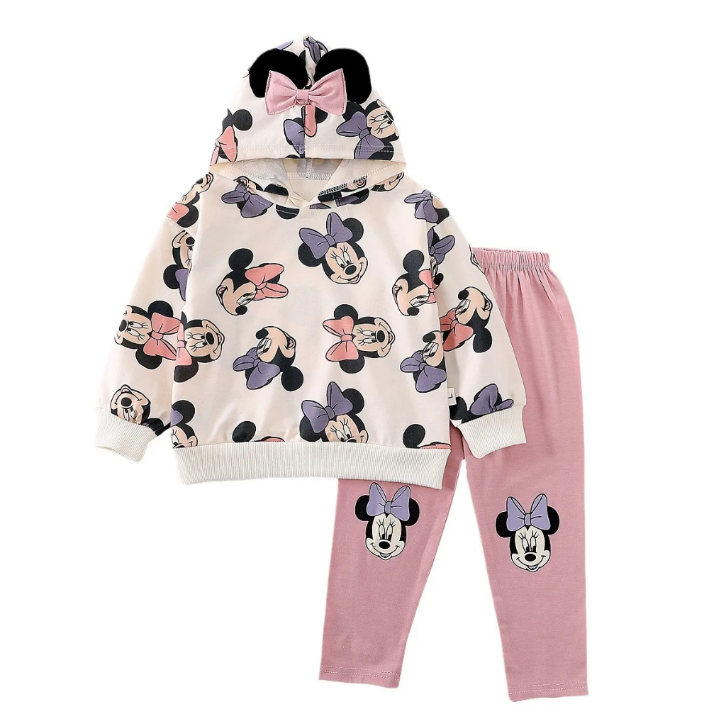 2025 Novas Crianças Roupas Primavera Outono Bebê Meninas Minnie Mouse Com Capuz Mangas Compridas Camisola + Calças 2 Pçs